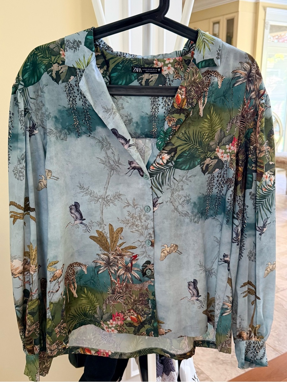 Zara Teal Satin Botanical & Animal-Print Button Blouse